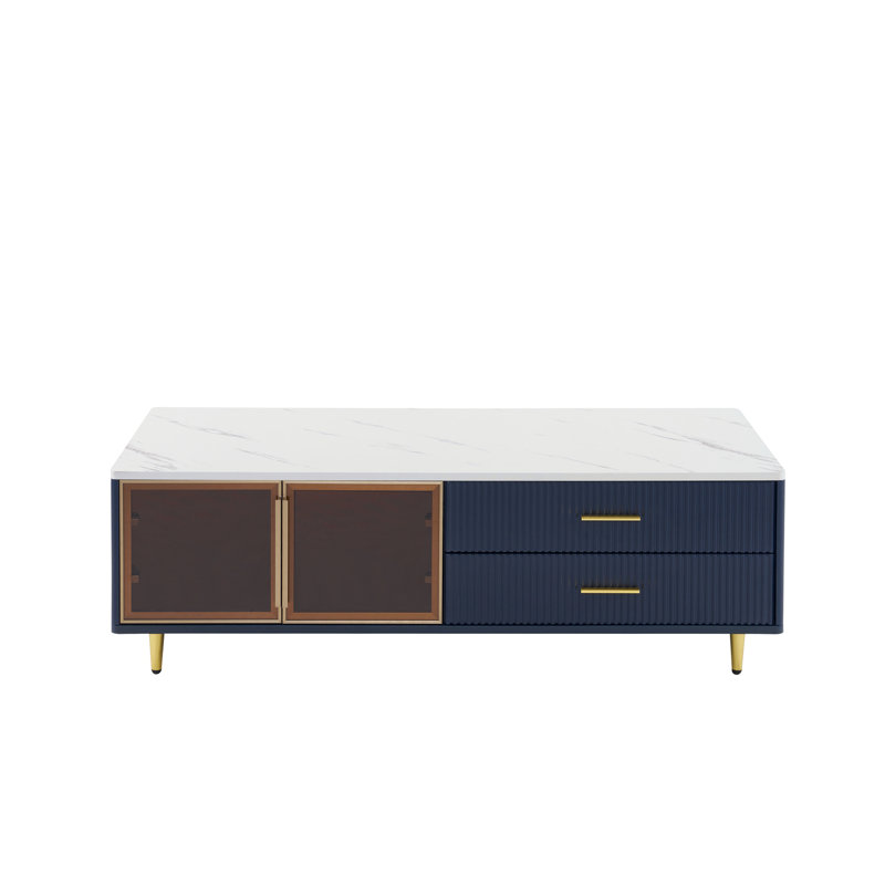Mercer41 Modern Navy Blue Coffee Table with 2 Glass Door Storage, 4 ...